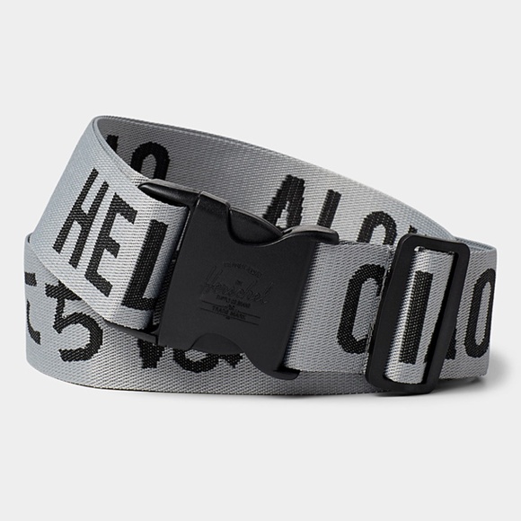 Hershel gray and black multilingual Hello adjustable luggage belt NWT - Picture 1 of 7